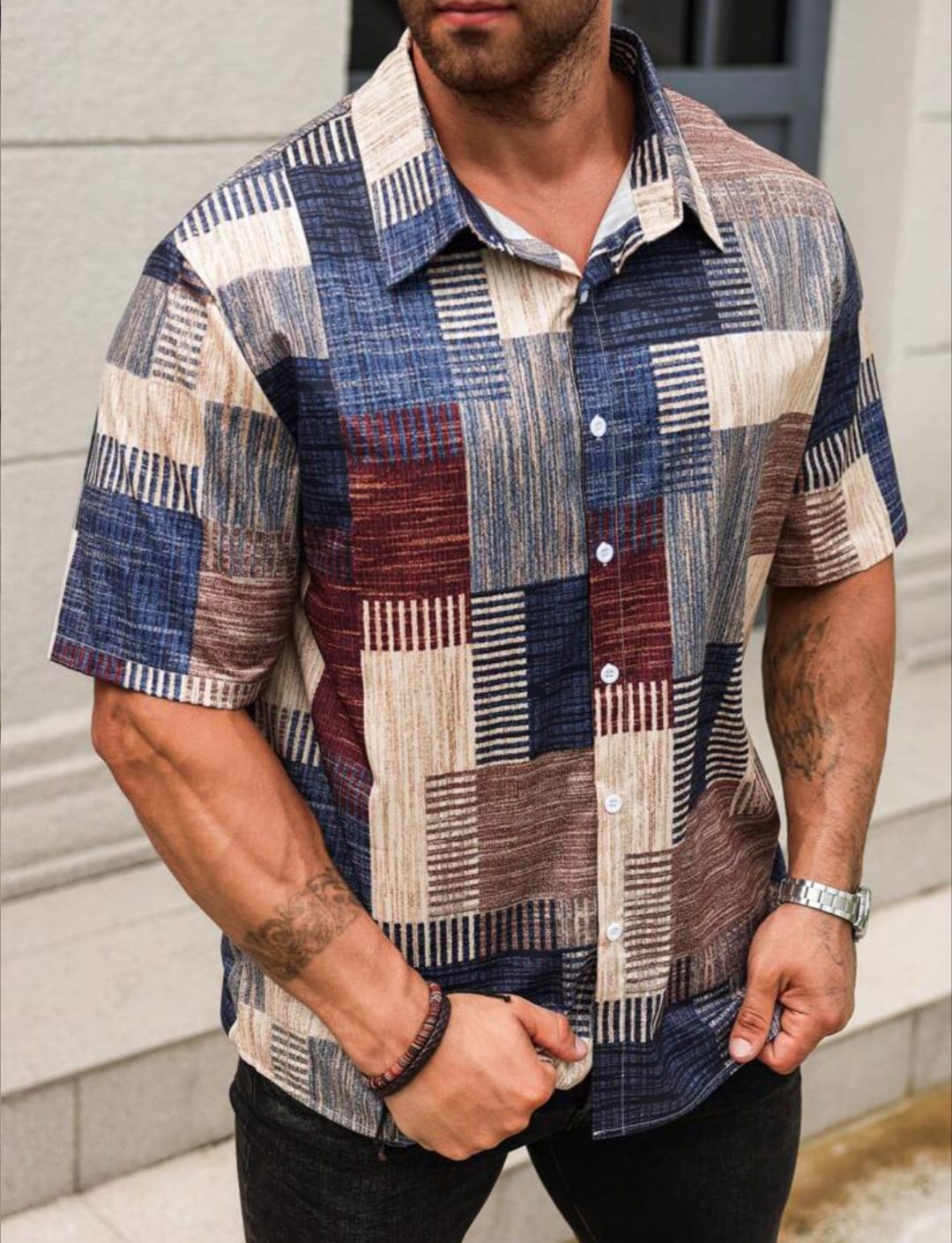 Men's Casual Geometric Patchwork Printed Half Sleeve Shirt